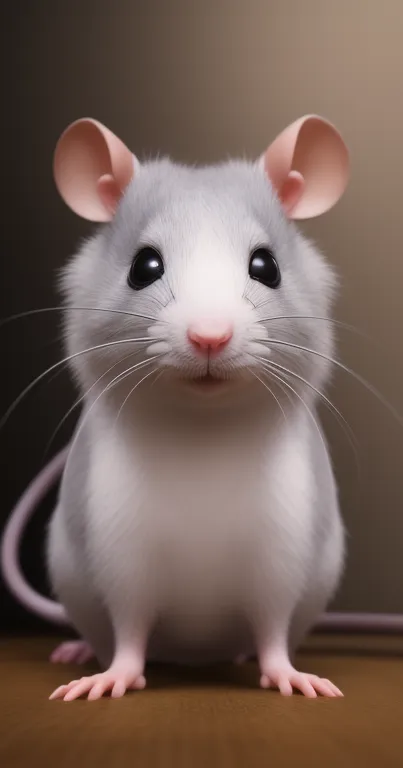 Cute white mouse with pink ears on beige background.