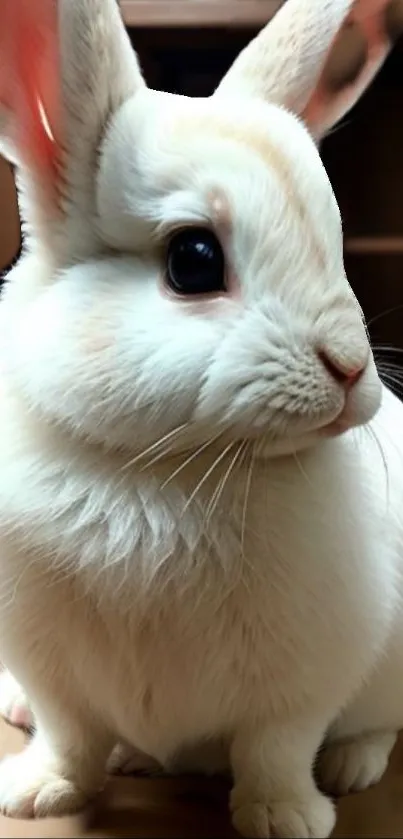 Cute white rabbit with fluffy fur and dark eyes.