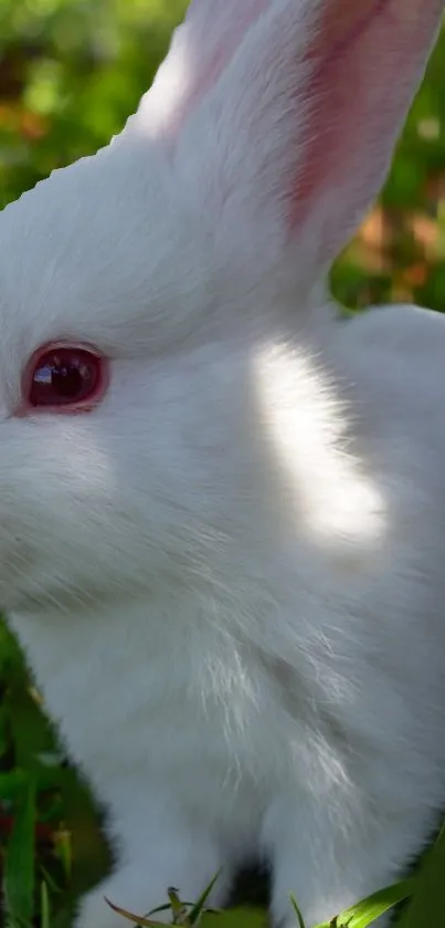 Close-up of a white bunny in green grass.