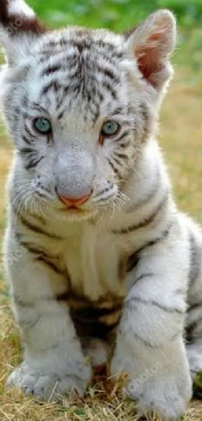 Adorable white tiger cub sitting on grass