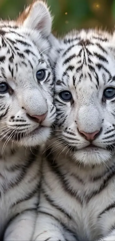 Two adorable white tiger cubs cuddling together.