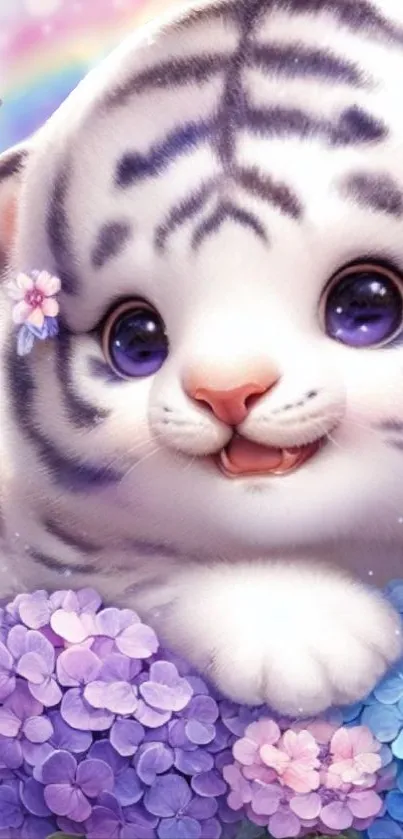 Adorable white tiger cub with flowers and butterflies in a whimsical scene.