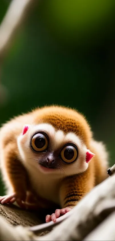Adorable loris peering from a tree branch in vibrant green surroundings.