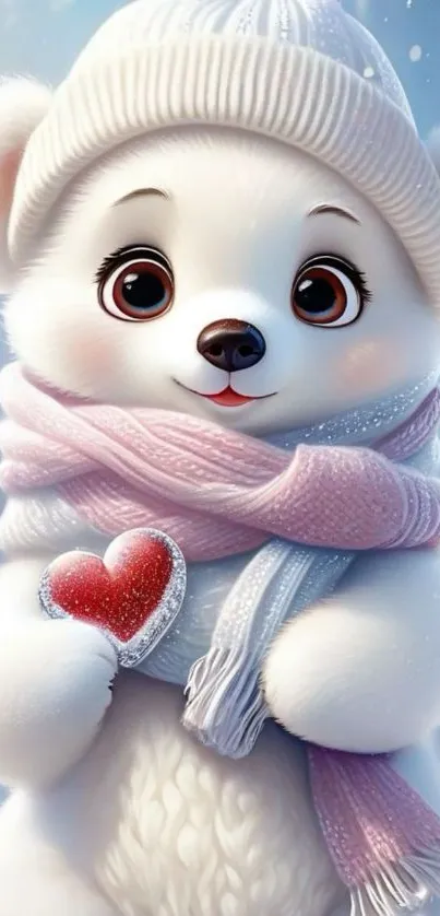 White bear wearing a scarf with a heart.