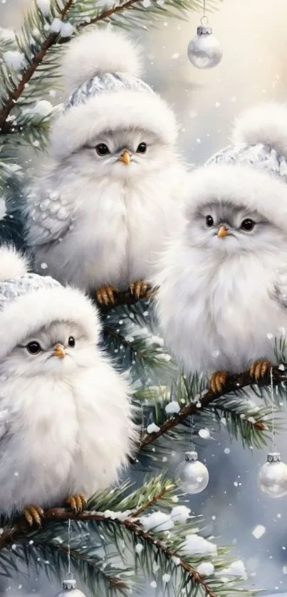 Three fluffy owls on a snow-covered branch.