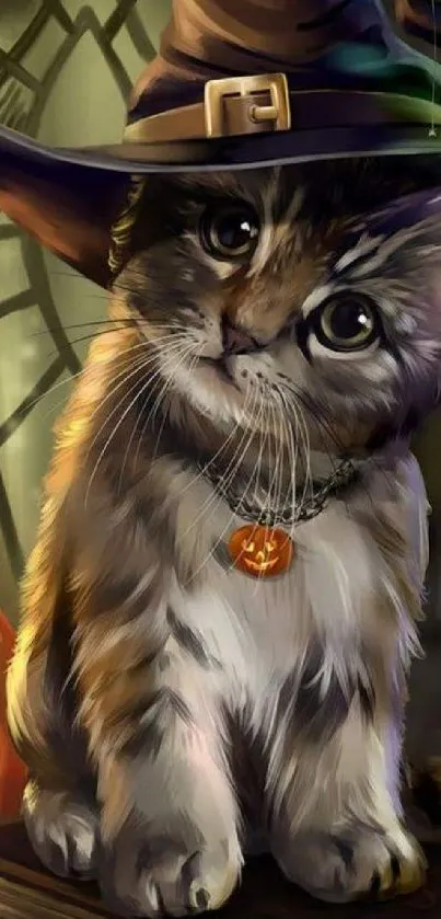 Adorable kitten with witch hat and pumpkin necklace.