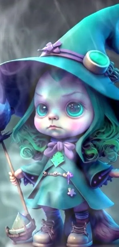 Adorable witch in aqua tones casting magic.