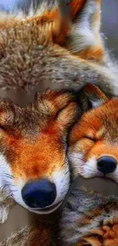 Two adorable wolves snuggling closely.