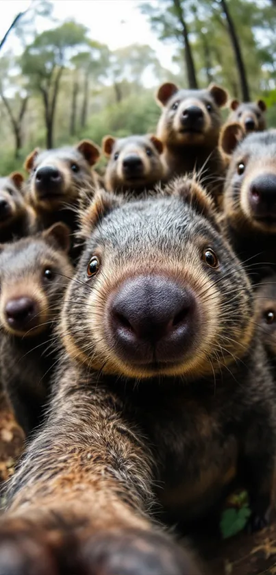 Group of wombats taking a selfie in the forest.