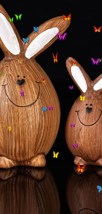 Adorable wooden bunnies on a sleek black background.