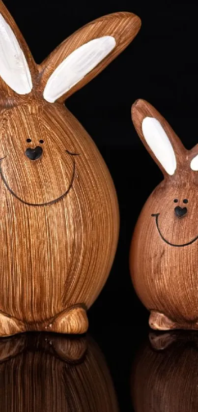 Adorable wooden bunny figures with smiles, perfect for a mobile wallpaper.