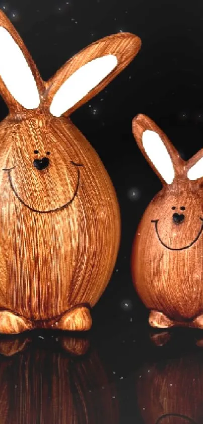 Two smiling wooden bunny figurines on a black background.