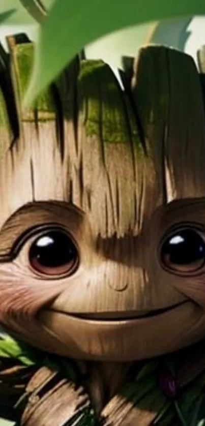 Cute wooden character with big eyes smiling in nature setting.