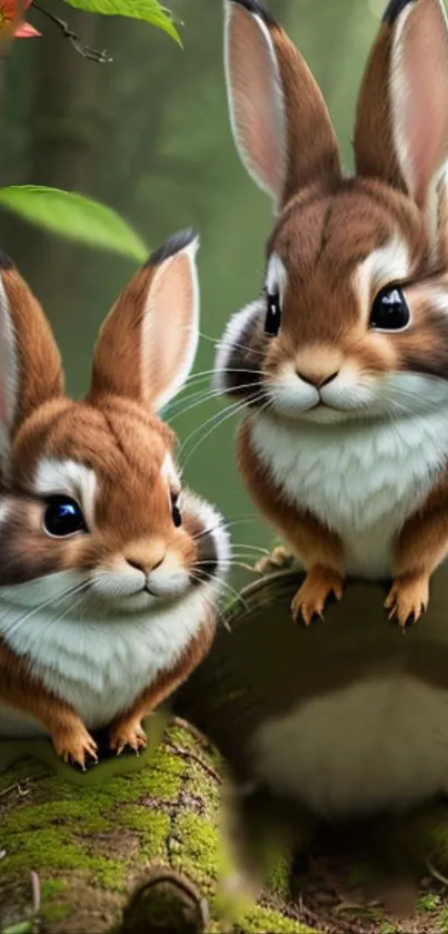 Adorable bunnies on a log in a lush green forest background.