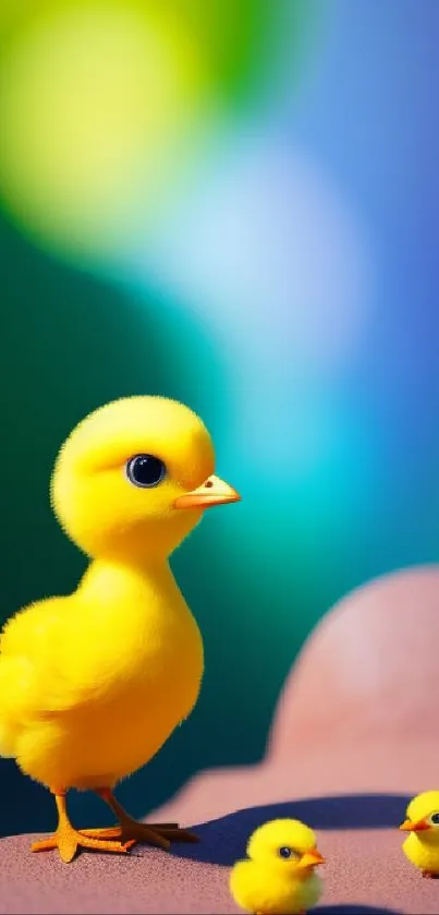 Three cute yellow chicks on a colorful background.