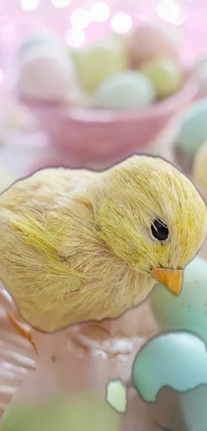 Adorable yellow chick surrounded by pastel Easter eggs.