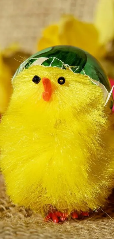 Cute yellow chick with green hat on burlap