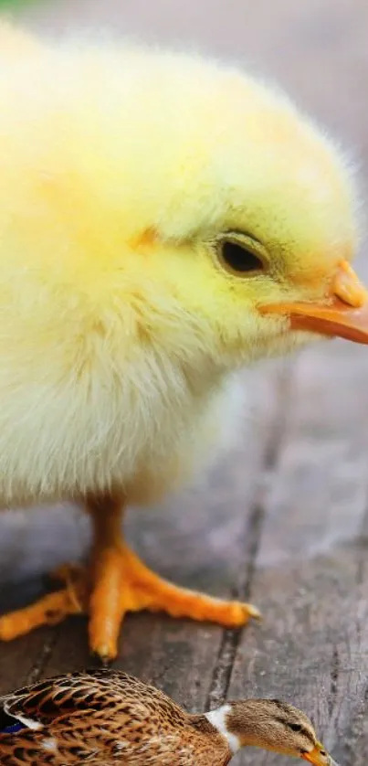 Cute yellow chick standing on wooden surface.