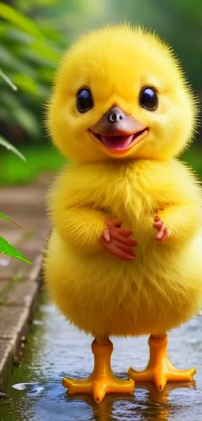 Cute yellow duckling standing in water amidst greenery.