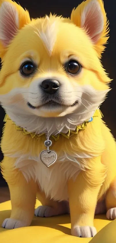 Cute yellow puppy with heart charm collar on a sunny day.