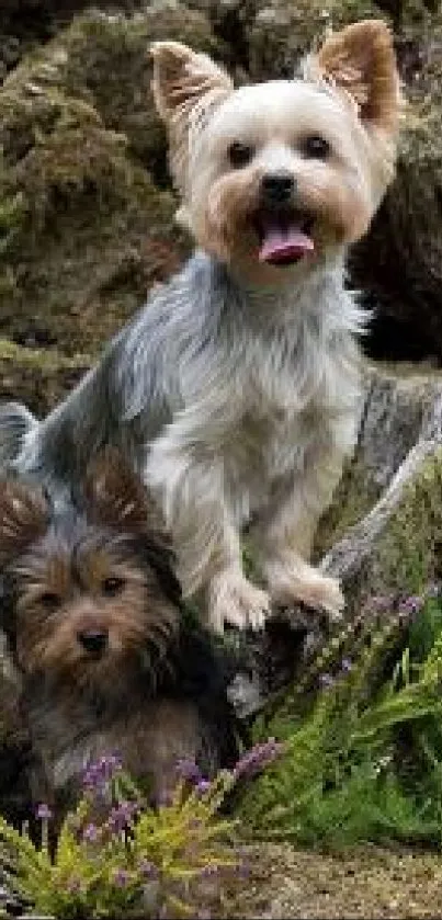 Two Yorkshire Terriers in a lush forest setting.
