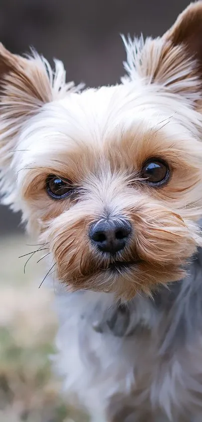 Cute Yorkshire Terrier with fluffy fur and bright eyes as phone wallpaper.