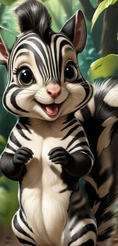 Adorable chipmunk with zebra stripes in a vibrant forest background.