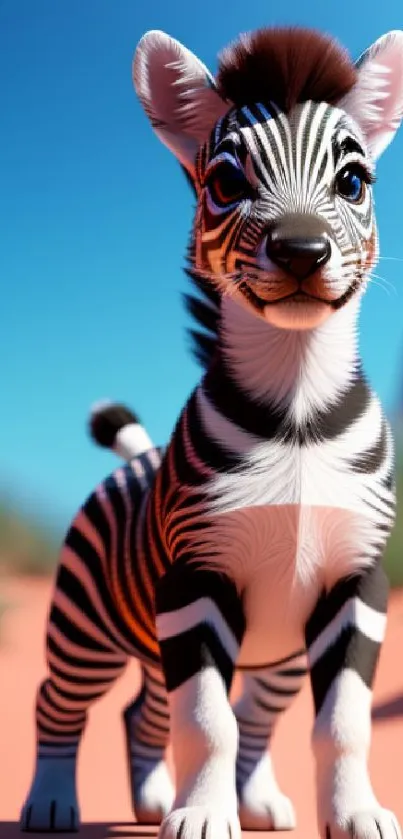 Cute cartoon zebra in a colorful desert setting with flowers and blue sky.