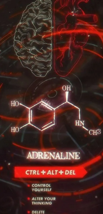 Adrenaline artwork with brain-heart and molecule design in bold colors.