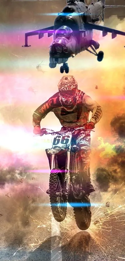 Dynamic motocross and helicopter action mobile wallpaper.