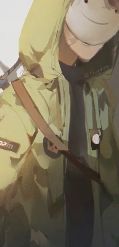 Anime character in olive green hoodie with a sword, smiling softly.