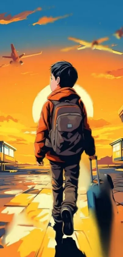 Child walking in airport at sunset with suitcase, vibrant sky.