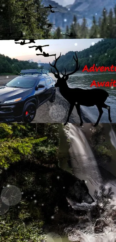 Scenic adventure wallpaper with car, stag, and waterfall.