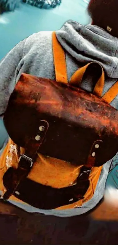 Person with leather backpack overlooking scenic landscape.