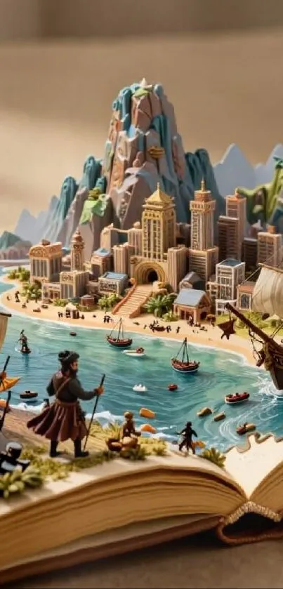 Fantasy world emerging from a book with mountains and ships.