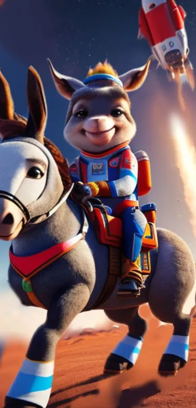 Cartoon animal riding a horse in space with rockets launching.