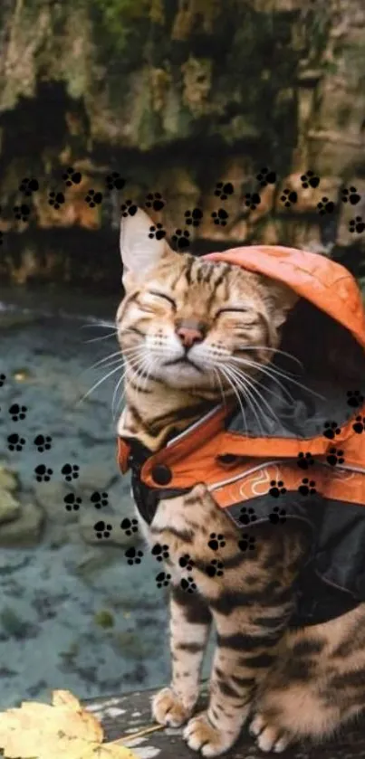 Cat in orange jacket sitting by a scenic blue water pond.