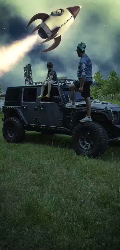 Adventure scene with rocket and jeep under a mystical green sky.