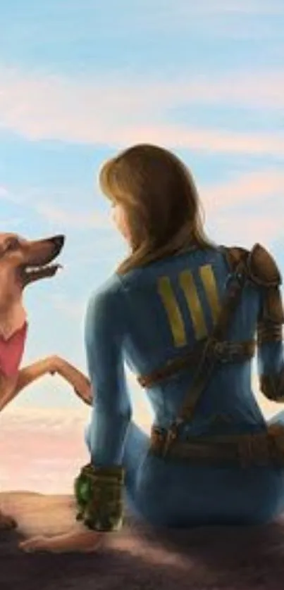 Explorer and dog under pastel sky, sharing a moment.