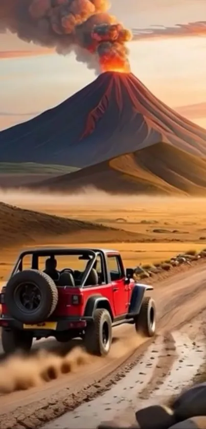 Red Jeep on rugged path with erupting volcano.