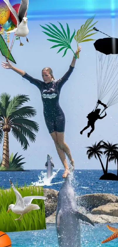 Woman on dolphins with beach and parachute.