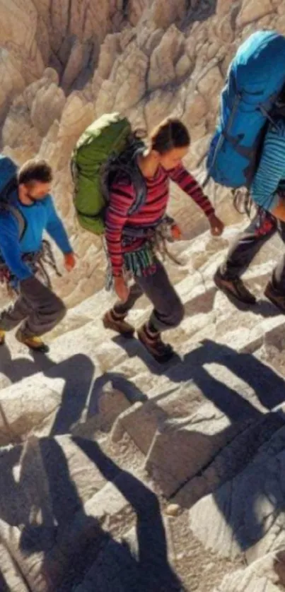 Hikers climbing rocky mountain trail with heavy backpacks.