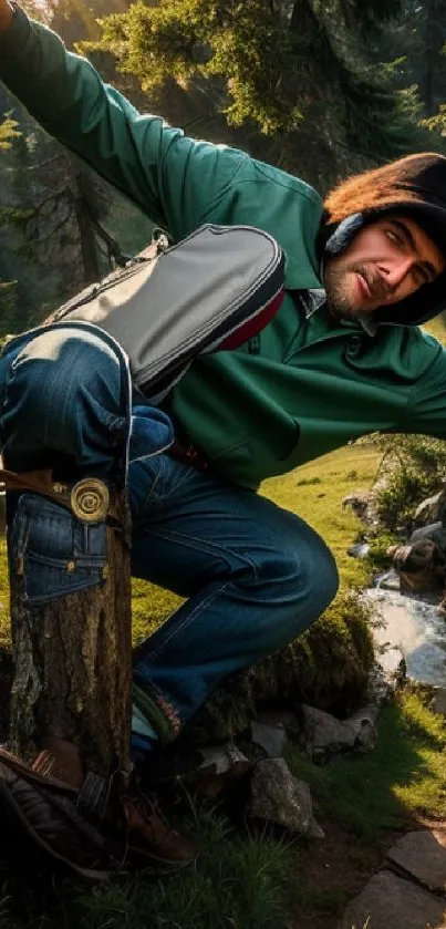 Hiker posing playfully in lush green forest along a scenic trail.