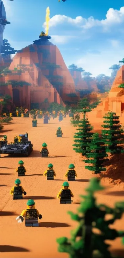 LEGO figures marching in a vast desert landscape, vibrant and imaginative.