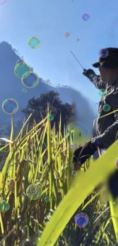 Man pointing in scenic mountain landscape with bubbles and vibrant greenery.