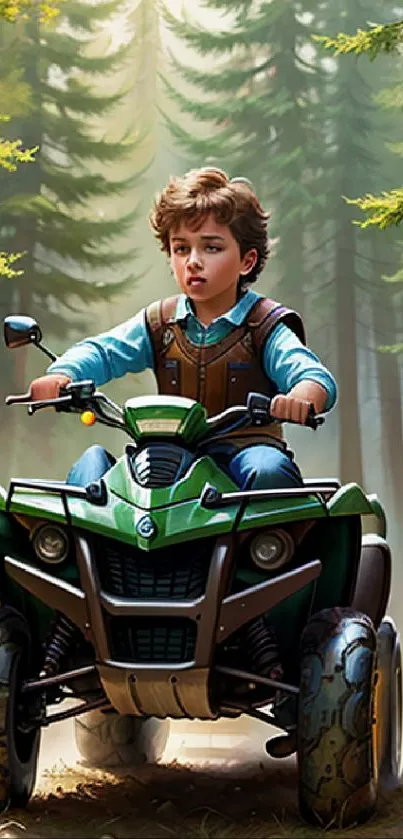 Child riding ATV through forest path scenery.