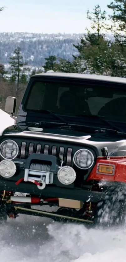 Rugged Jeep driving through snow in scenic mountain landscape.