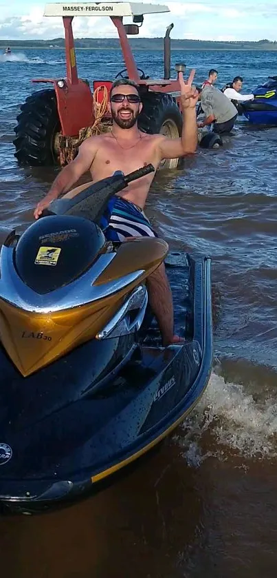 Man riding jetski in a scenic lake setting