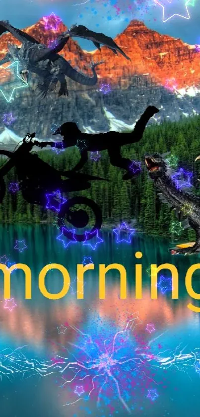 Vibrant morning scene with dragons and a biker over a lake and mountains.