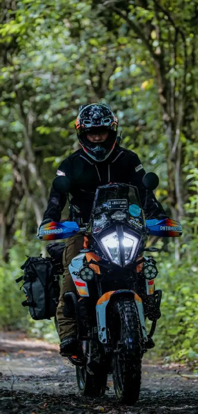 Motorcyclist riding through forest path